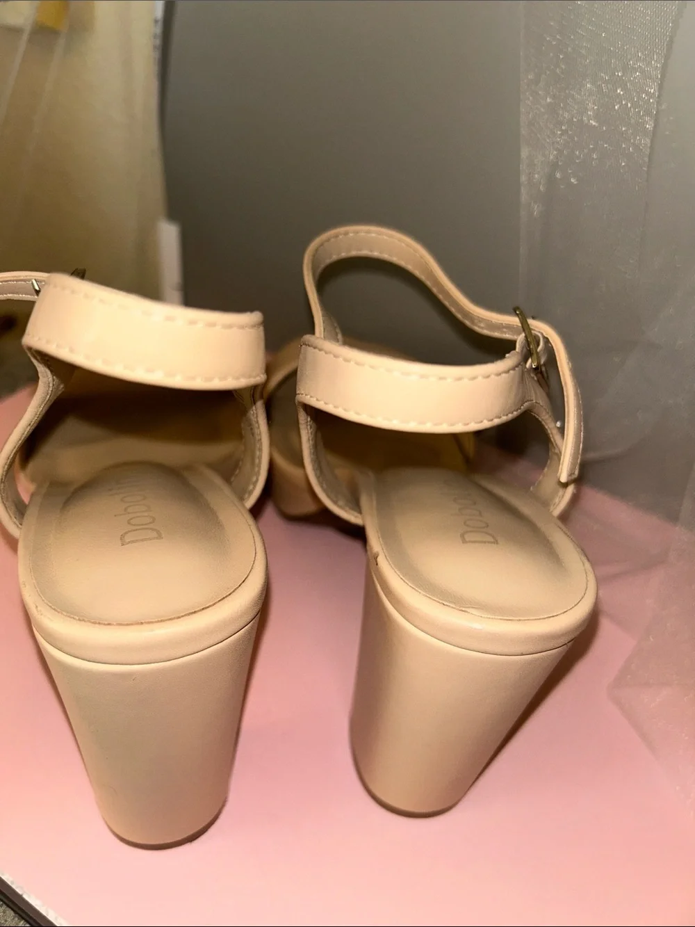 Nude Beige Block Heel Platform Sandals with Ankle Strap Like new